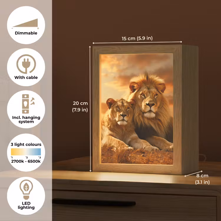 Leeuwen - Zonsondergang - Afrika - Savanne - Dieren Light Box met kabel (Tafellamp) klein -USP_EN
