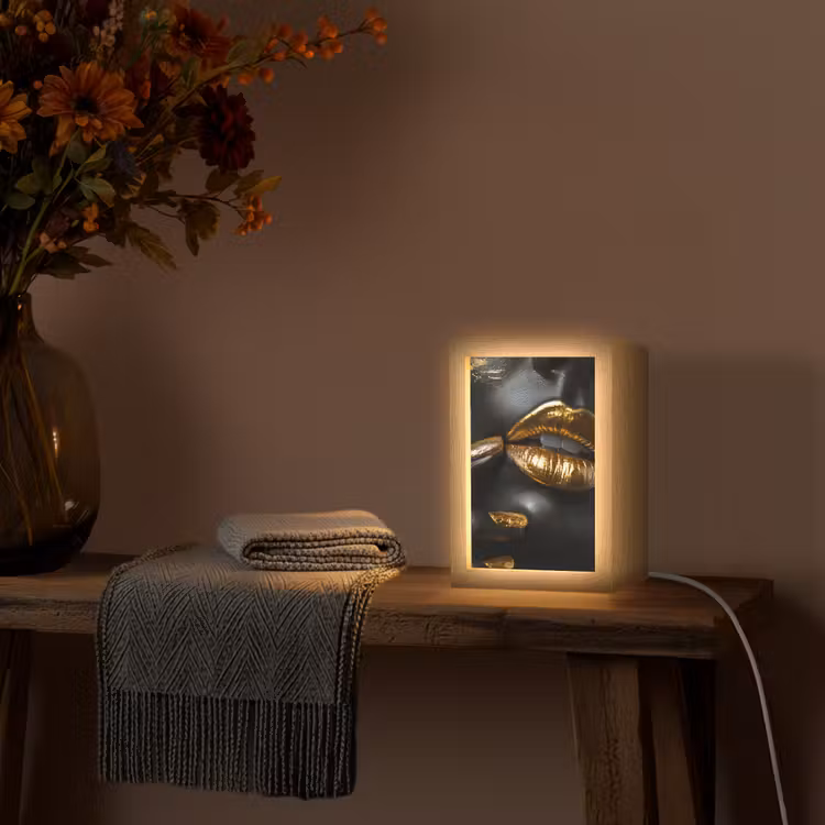 Lippen - Goud - Abstract - Zwart - Vrouw Light Box met kabel (Tafellamp) klein -sfeer4