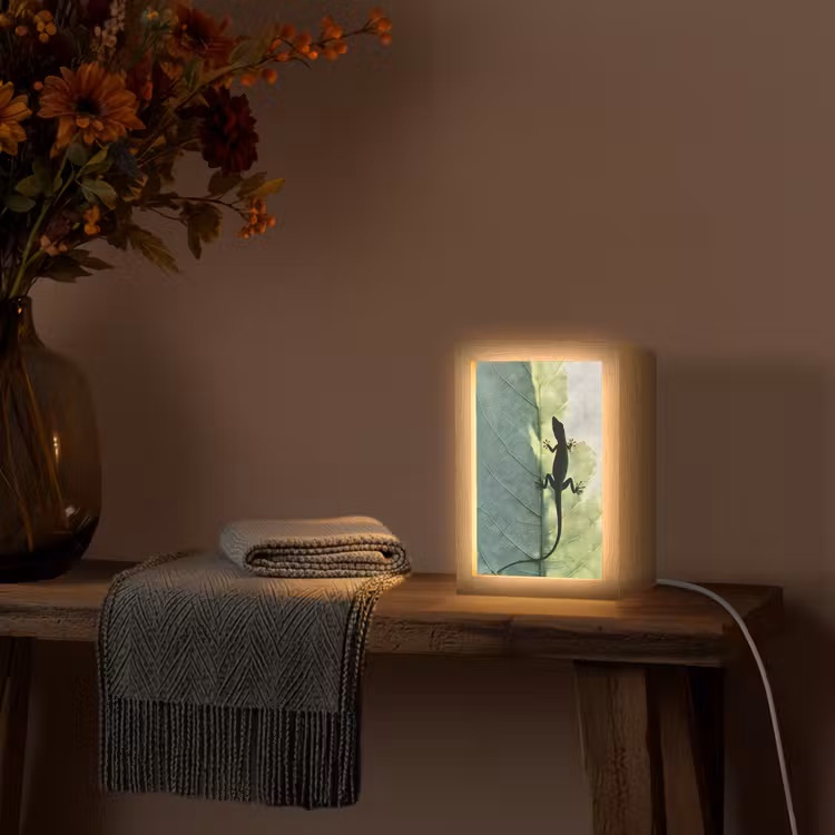 Hagedis - Blad - Nerven - Groen Light Box met kabel (Tafellamp) klein -sfeer4