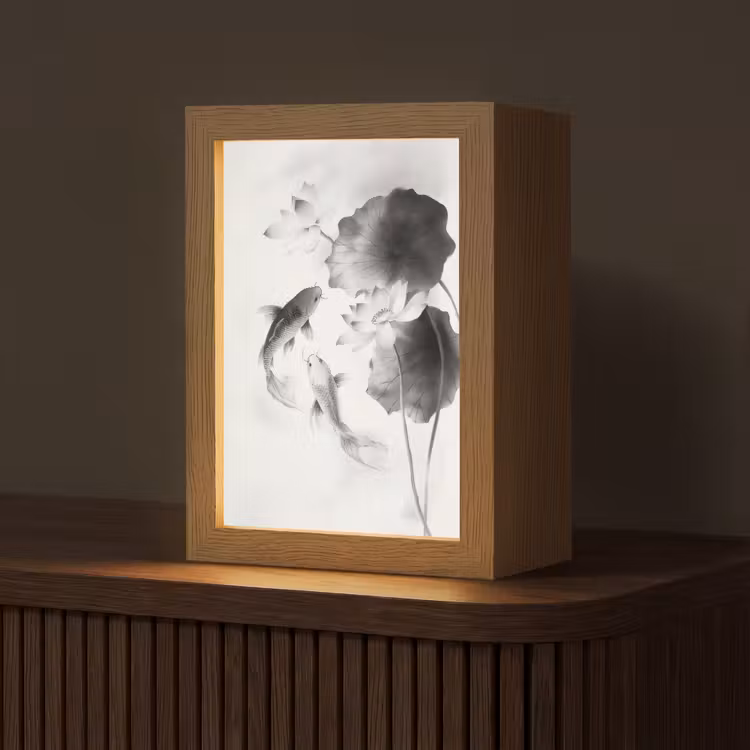 Lotusbloemen - Vissen - Bladeren - Zwart Light Box met kabel (Tafellamp) klein -z3d_website
