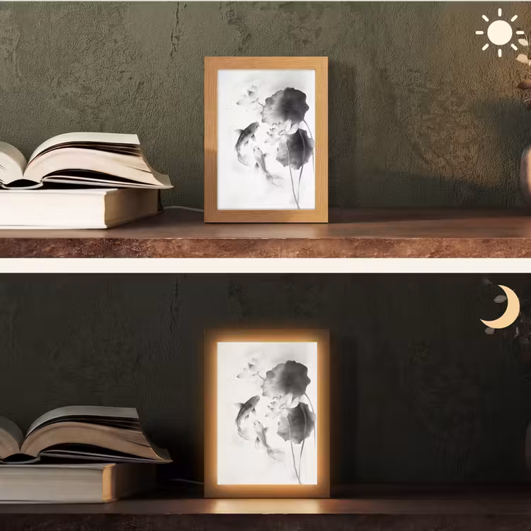 Lotusbloemen - Vissen - Bladeren - Zwart Light Box met kabel (Tafellamp) klein -sfeer3
