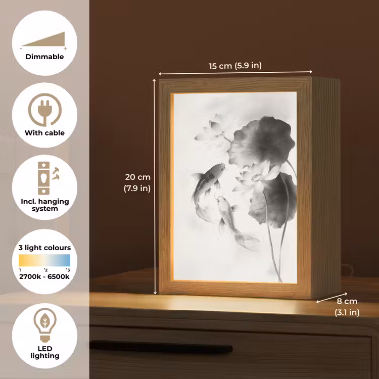 Lotusbloemen - Vissen - Bladeren - Zwart Light Box met kabel (Tafellamp) klein -USP_EN