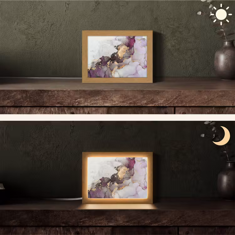 Marmer - Abstract - Goud - Paars Light Box met kabel (Tafellamp) klein -sfeer3