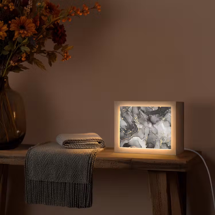 Marmer - Zwart - Goud - Grijs Light Box met kabel (Tafellamp) klein -sfeer4