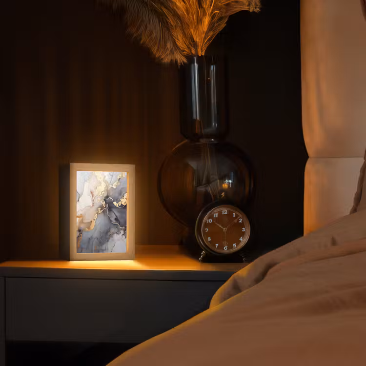 Marmer - Zwart - Goud - Wit Light Box met kabel (Tafellamp) klein -sfeer1