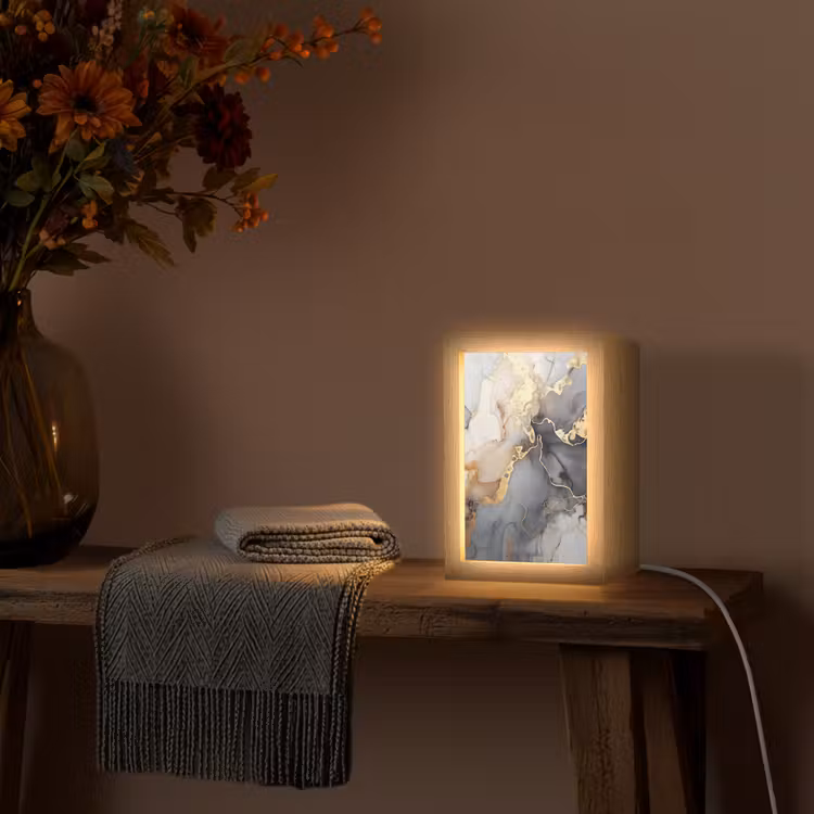 Marmer - Zwart - Goud - Wit Light Box met kabel (Tafellamp) klein -sfeer4