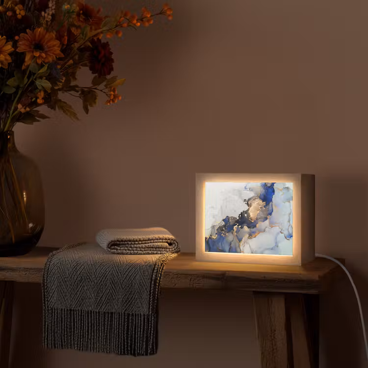 Marmer - Blauw - Goud Light Box met kabel (Tafellamp) klein -sfeer4