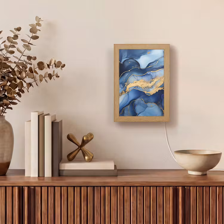 Marmer - Blauw - Goud - Abstract Light Box met kabel (Tafellamp) klein -sfeer2