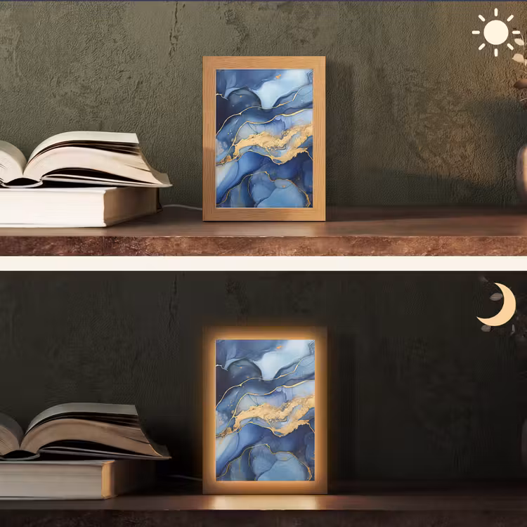 Marmer - Blauw - Goud - Abstract Light Box met kabel (Tafellamp) klein -sfeer3