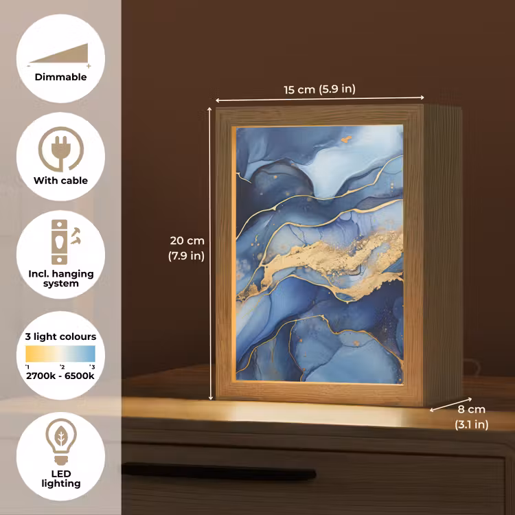 Marmer - Blauw - Goud - Abstract Light Box met kabel (Tafellamp) klein -USP_EN