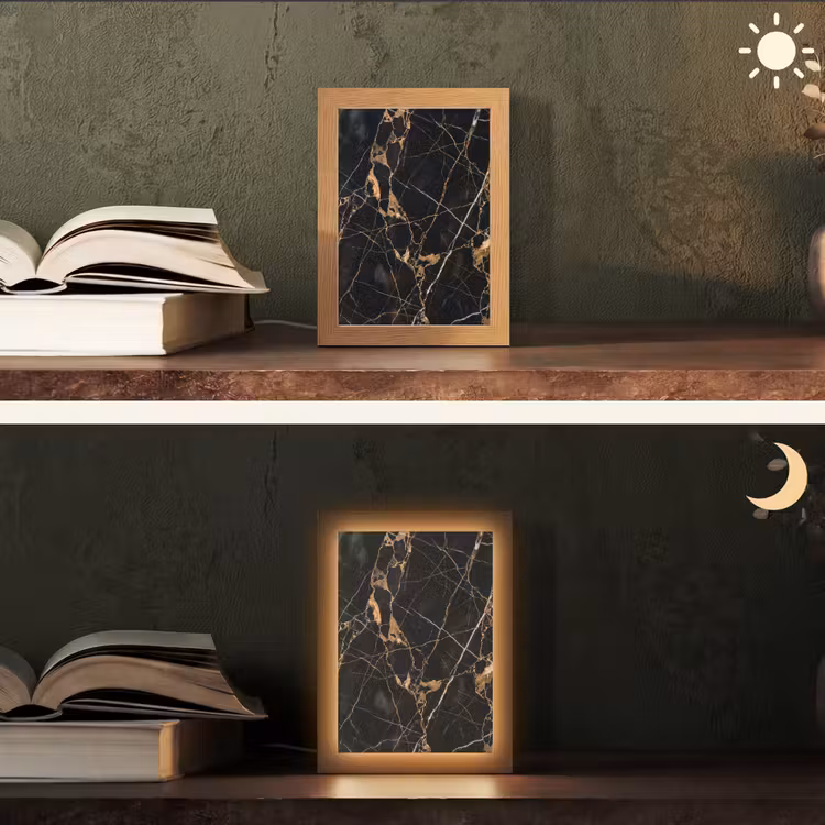 Marmer - Goud - Abstract - Zwart Light Box met kabel (Tafellamp) klein -sfeer3