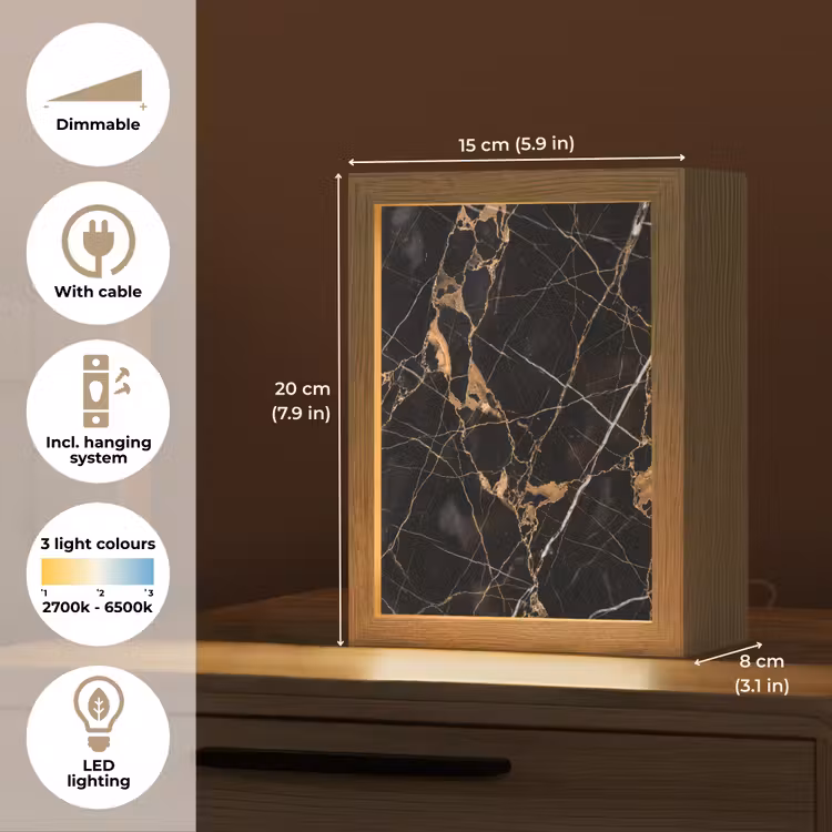 Marmer - Goud - Abstract - Zwart Light Box met kabel (Tafellamp) klein -USP_EN