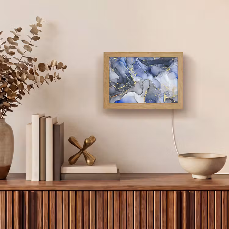 Marmer - Goud - Abstract - Blauw Light Box met kabel (Tafellamp) klein -sfeer2