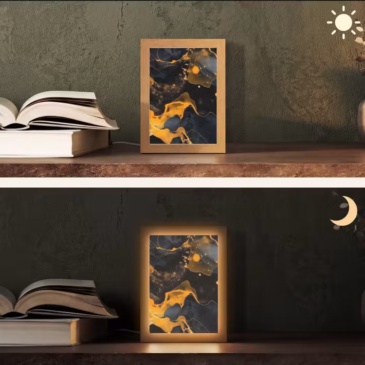 Marmer - Goud - Zwart - Abstract - Modern Light Box met kabel (Tafellamp) klein -sfeer3