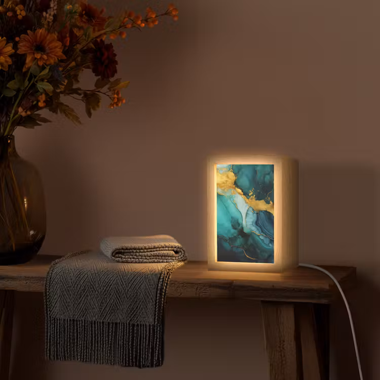 Marmer - Goud - Blauw groen - Abstract - Turquoise Light Box met kabel (Tafellamp) klein -sfeer4