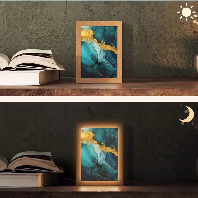 Marmer - Goud - Blauw groen - Abstract - Turquoise Light Box met kabel (Tafellamp) klein -sfeer3