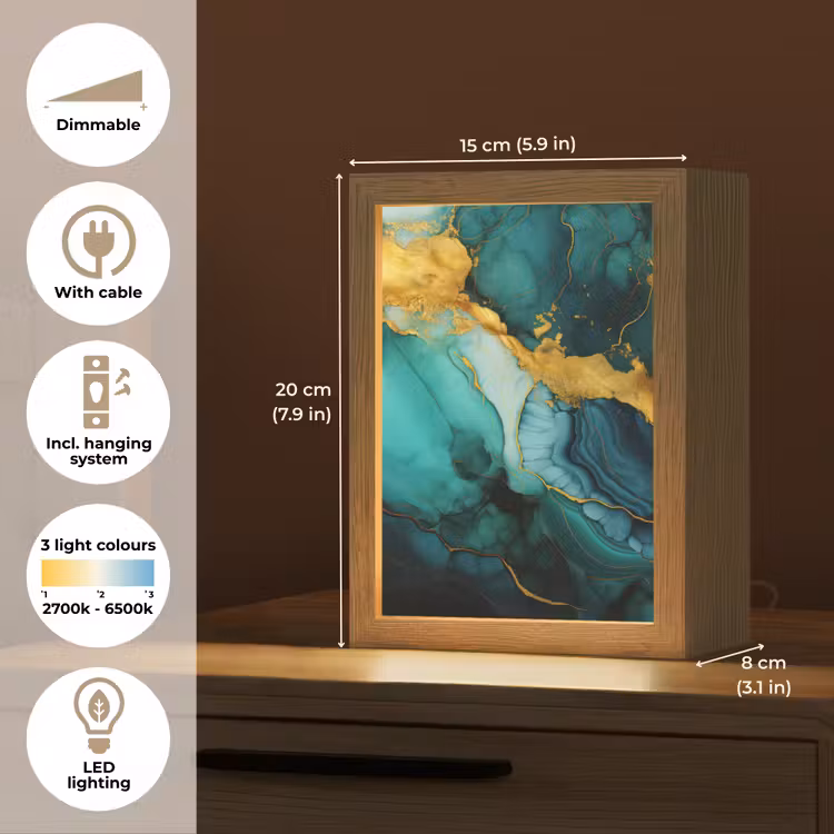 Marmer - Goud - Blauw groen - Abstract - Turquoise Light Box met kabel (Tafellamp) klein -USP_EN