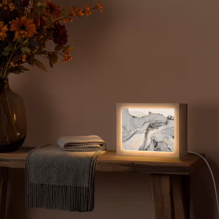 Marmer - Goud - Grijs Light Box met kabel (Tafellamp) klein -sfeer4