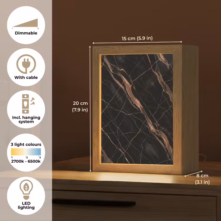 Marmer - Goud - Patroon - Luxe - Zwart Light Box met kabel (Tafellamp) klein -USP_EN