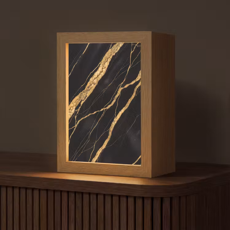 Marmer - Goud - Textuur - Abstract - Zwart Light Box met kabel (Tafellamp) klein -z3d_website