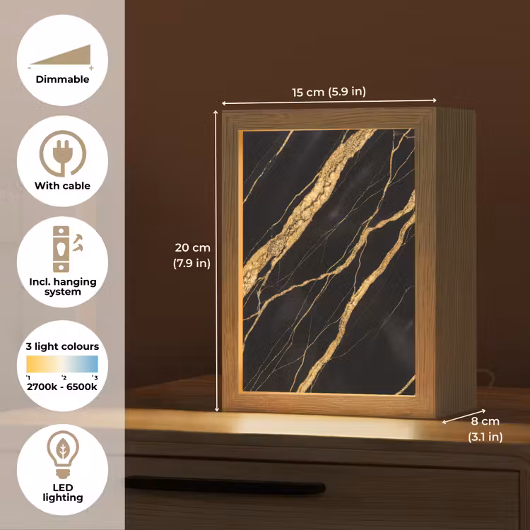 Marmer - Goud - Textuur - Abstract - Zwart Light Box met kabel (Tafellamp) klein -USP_EN