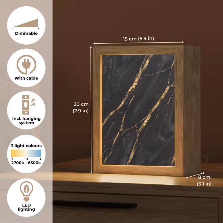 Marmer - Gouden aders - Abstract - Zwart Light Box met kabel (Tafellamp) klein -USP_EN