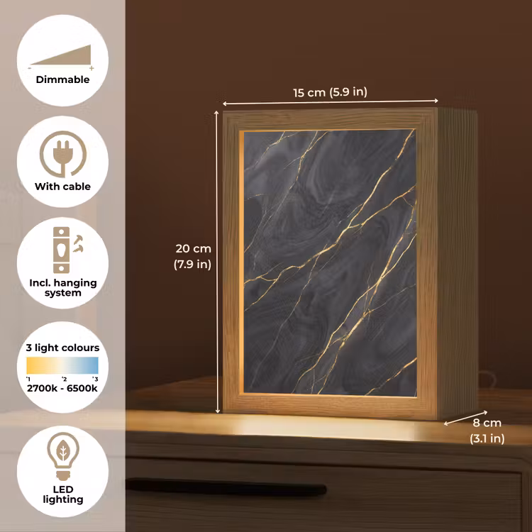 Marmer - Goudaders - Abstract - Modern - Zwart Light Box met kabel (Tafellamp) klein -USP_EN