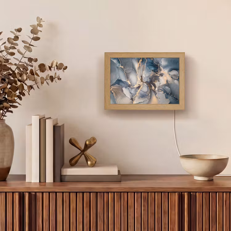 Marmer - Grijs - Blauw - Luxe - Goud Light Box met kabel (Tafellamp) klein -sfeer2