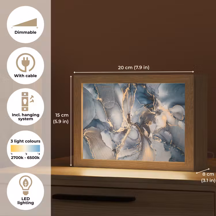 Marmer - Grijs - Blauw - Luxe - Goud Light Box met kabel (Tafellamp) klein -USP_EN