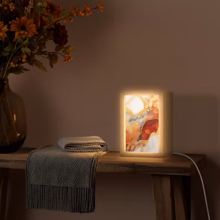 Marmer - Oranje - Goud - Modern - Abstract Light Box met kabel (Tafellamp) klein -sfeer4
