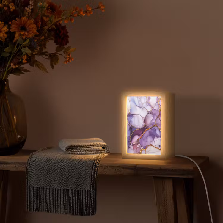 Marmer - Paars - Lila - Goud Light Box met kabel (Tafellamp) klein -sfeer4