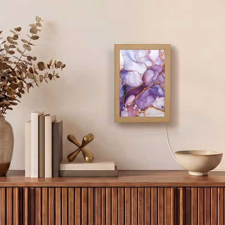 Marmer - Paars - Lila - Goud Light Box met kabel (Tafellamp) klein -sfeer2