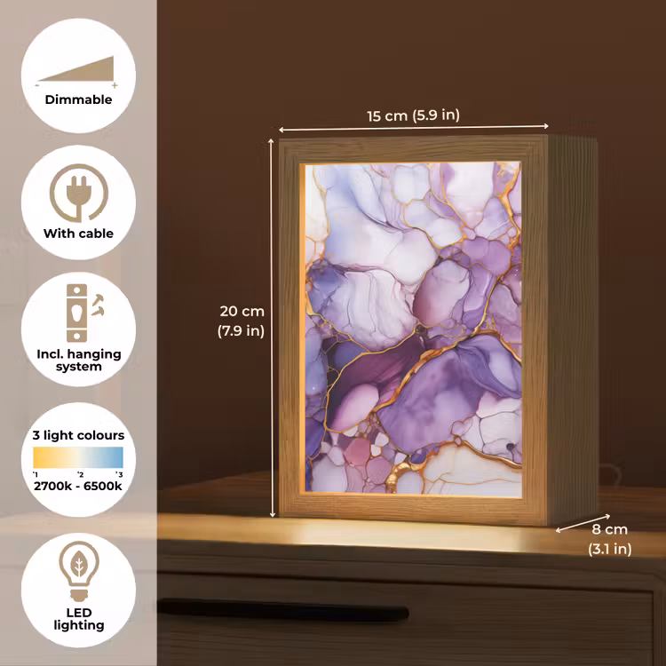 Marmer - Paars - Lila - Goud Light Box met kabel (Tafellamp) klein -USP_EN