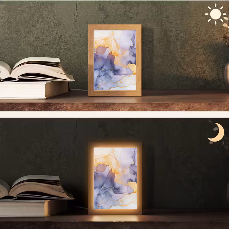 Marmer - Paars - Lila - Goud - Abstract Light Box met kabel (Tafellamp) klein -sfeer3