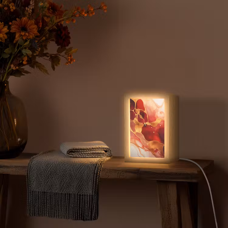 Marmer - Rood - Goud - Modern - Abstract Light Box met kabel (Tafellamp) klein -sfeer4