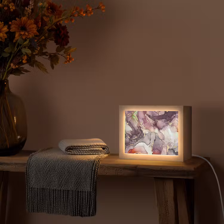 Marmer - Rood - Paars - Goud Light Box met kabel (Tafellamp) klein -sfeer4