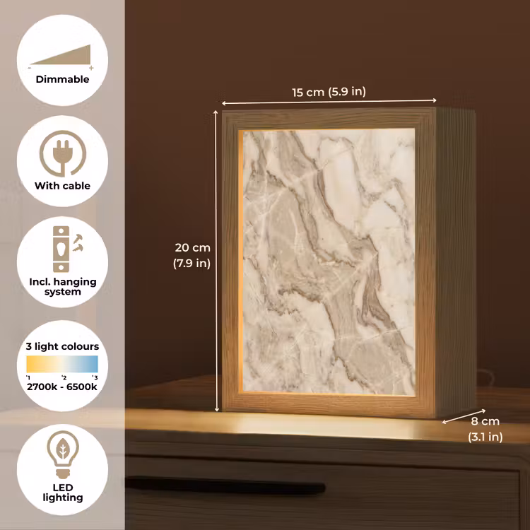 Marmer - Aderen - Textuur - Beige - Modern Light Box met kabel (Tafellamp) klein -USP_EN