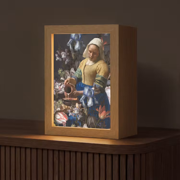 Melkmeisje - Johannes Vermeer - Bloemen Light Box met kabel (Tafellamp) klein -z3d_website