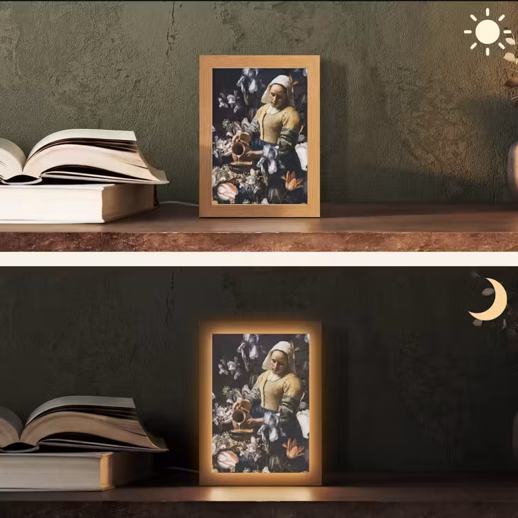 Melkmeisje - Johannes Vermeer - Bloemen - Blauw Light Box met kabel (Tafellamp) klein -sfeer3