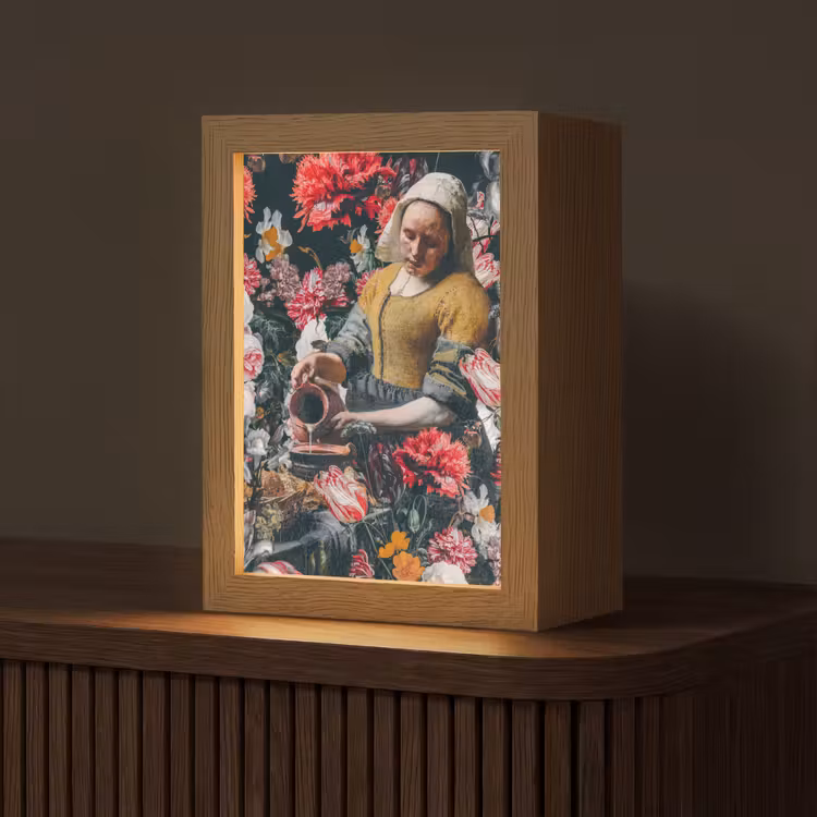 Melkmeisje - Johannes Vermeer - Bloemen - Roze Light Box met kabel (Tafellamp) klein -z3d_website