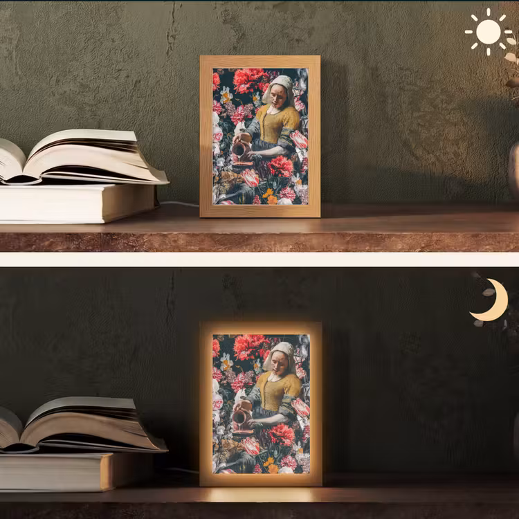 Melkmeisje - Johannes Vermeer - Bloemen - Roze Light Box met kabel (Tafellamp) klein -sfeer3