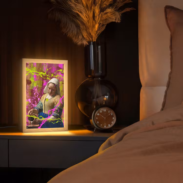 Melkmeisje - Johannes Vermeer - Neon Light Box met kabel (Tafellamp) klein -sfeer1