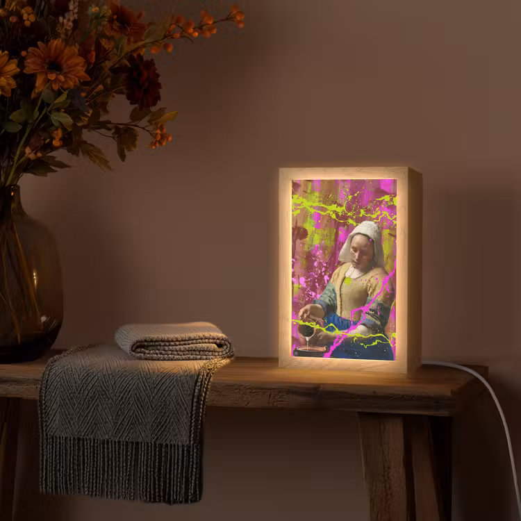 Melkmeisje - Johannes Vermeer - Neon Light Box met kabel (Tafellamp) klein -sfeer4