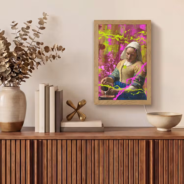 Melkmeisje - Johannes Vermeer - Neon Light Box met kabel (Tafellamp) klein -sfeer2