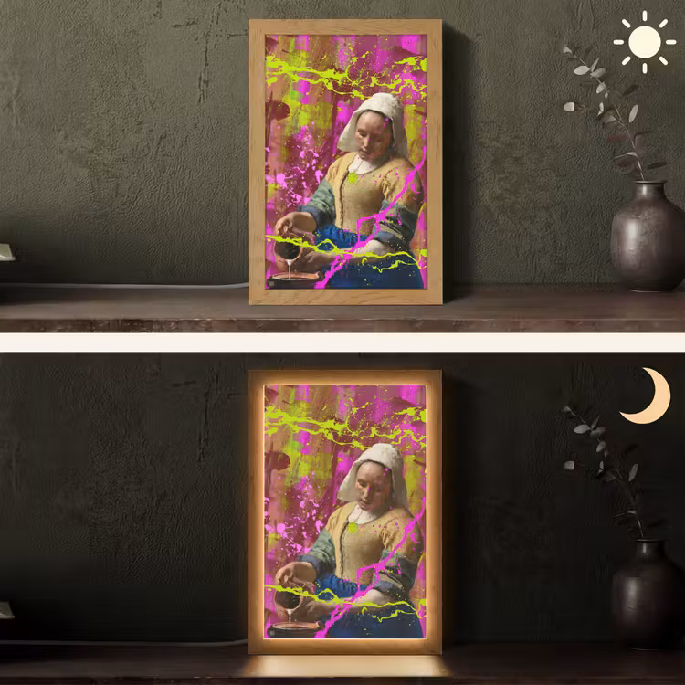 Melkmeisje - Johannes Vermeer - Neon Light Box met kabel (Tafellamp) klein -sfeer3