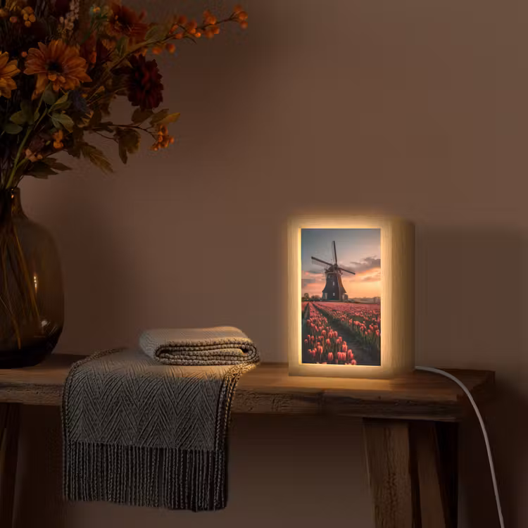 Molen - Zonsondergang - Tulpen - Rood Light Box met kabel (Tafellamp) klein -sfeer4