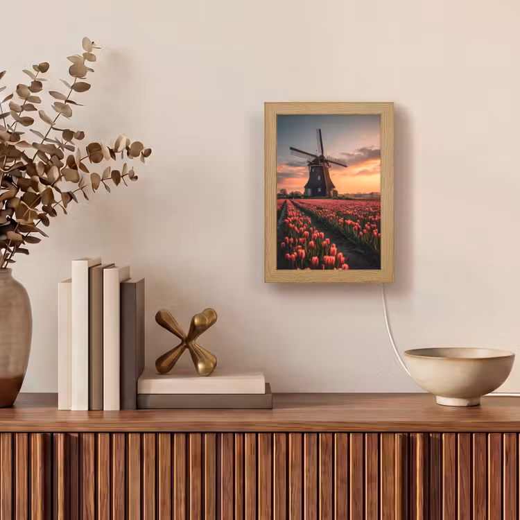 Molen - Zonsondergang - Tulpen - Rood Light Box met kabel (Tafellamp) klein -sfeer2