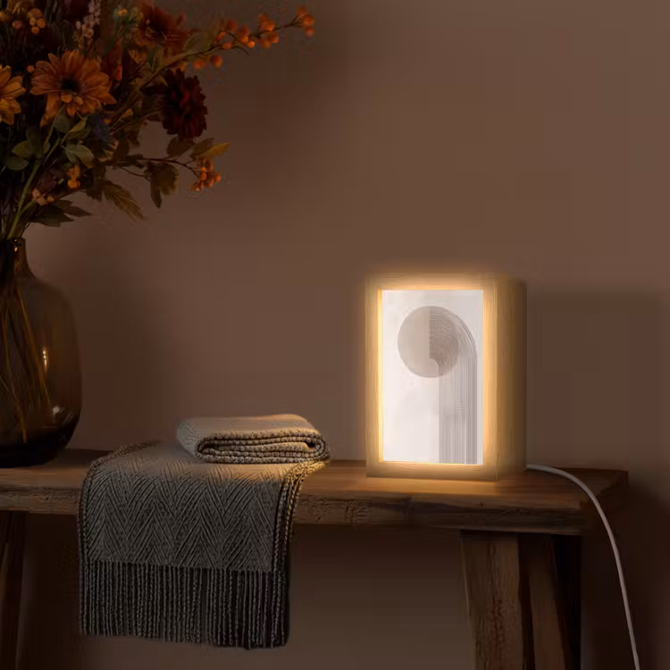 Minimalistisch - Cirkel - Lichtgrijs Light Box met kabel (Tafellamp) klein -sfeer4