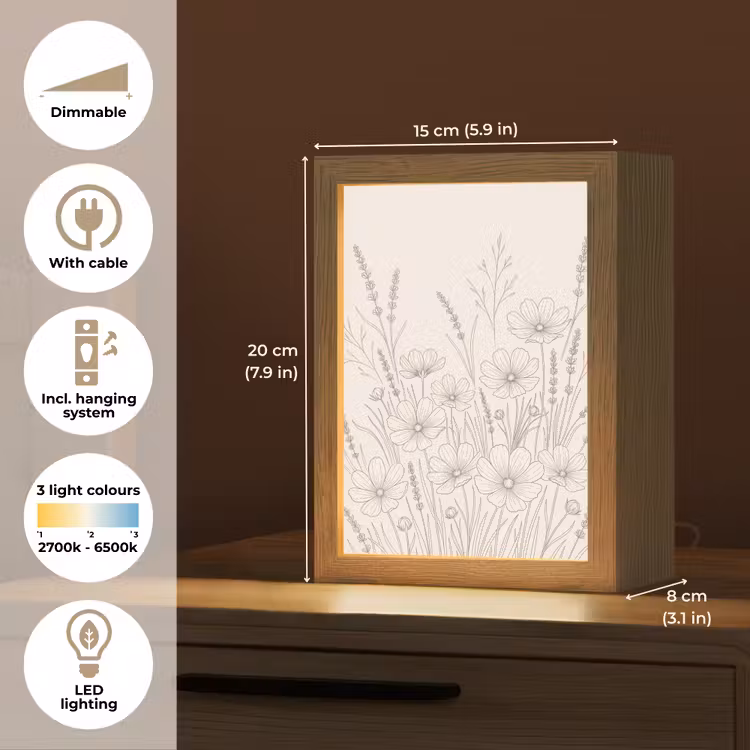 Minimalistisch - Modern - Bloemen - Beige Light Box met kabel (Tafellamp) klein -USP_EN