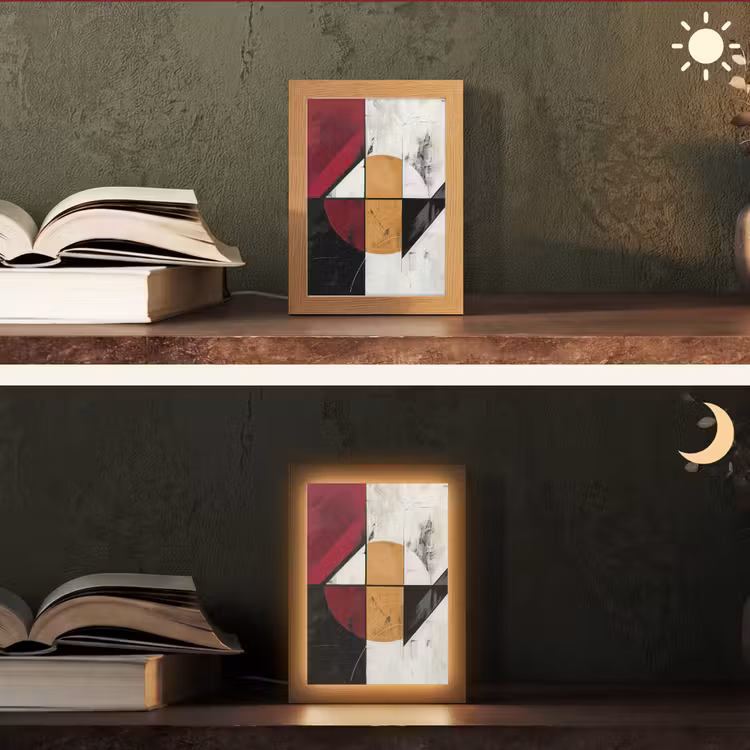 Modern - Abstract - Geometrisch - Rood - Industrieel Light Box met kabel (Tafellamp) klein -sfeer3